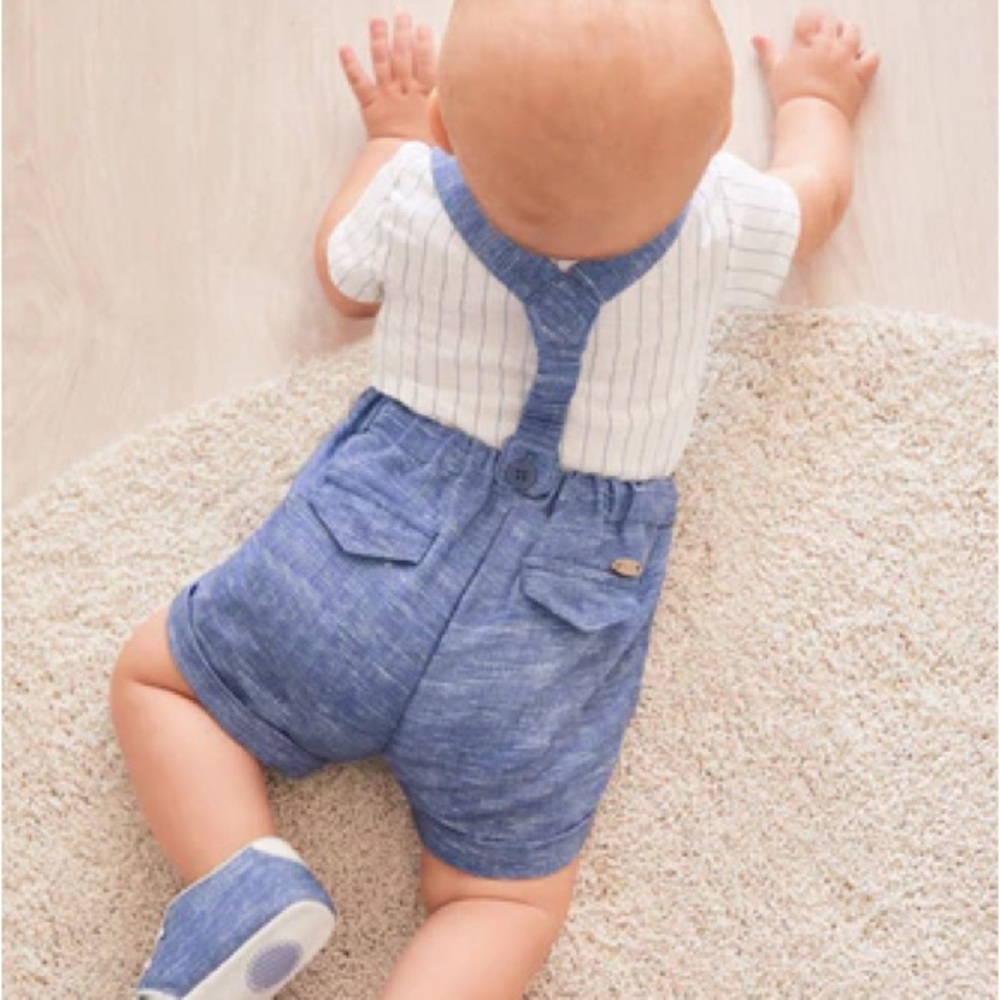 size 18 months Mayoral Striped Shirt and Blue Suspender Shorts Set